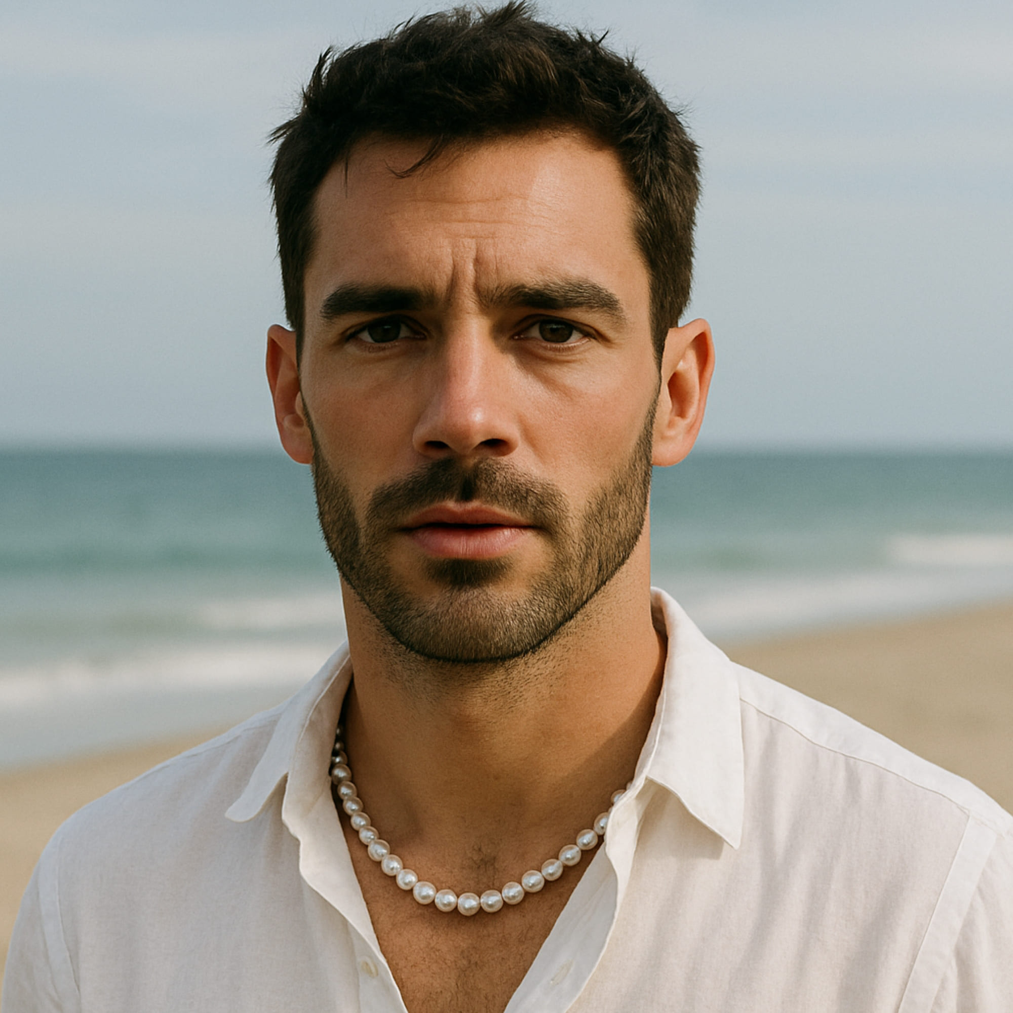 Colier Perle Barbati Albe 7–8 mm, Calitatea AA+, Aur Galben 14K, Vedere Detaliu Piept Cămașă Albă